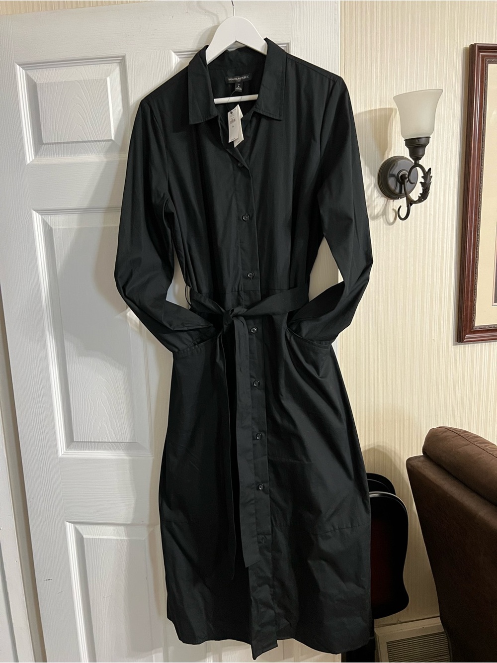 NWT Banana Republic Black Long-Sleeve Shirt Dress with Waist Tie Size Large Tall